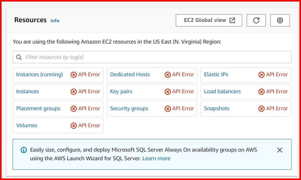 Picture showing the API error message when AdminAccess user is accessing the EC2 dashboard